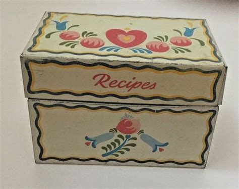 Vintage Metal Recipe Box ~ Bird Flowers ~ Folk ~ Ohio Art 